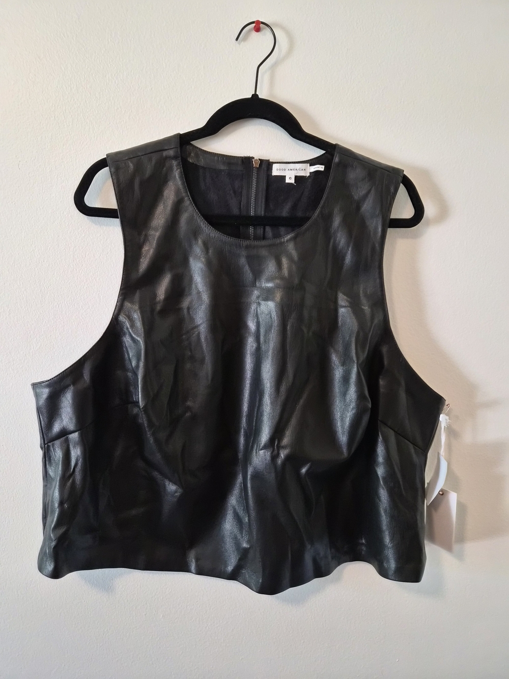 Good American Faux Better Than Leather Black Crop Tank Top Size 6
